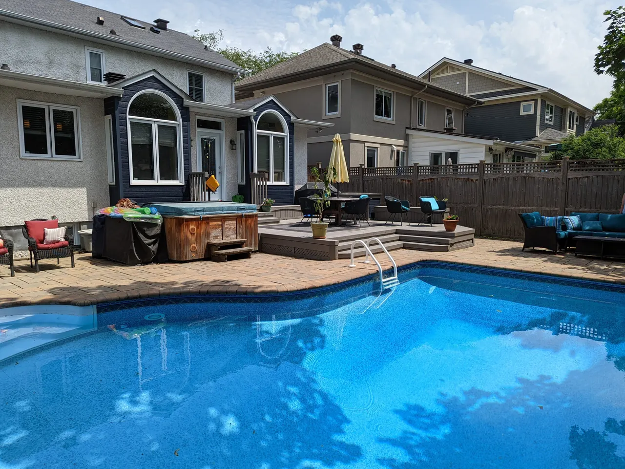 Premium backyard pool, hot tub and multi-level patio by ALM Construction, Ottawa hardscape showcase